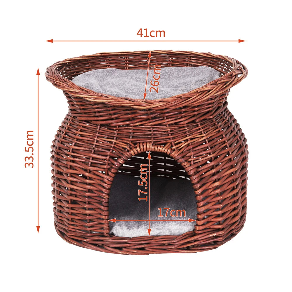 2-Tier Rattan Wicker Elevated Cat House Kitty Scratch Indoor  Bed-Cave