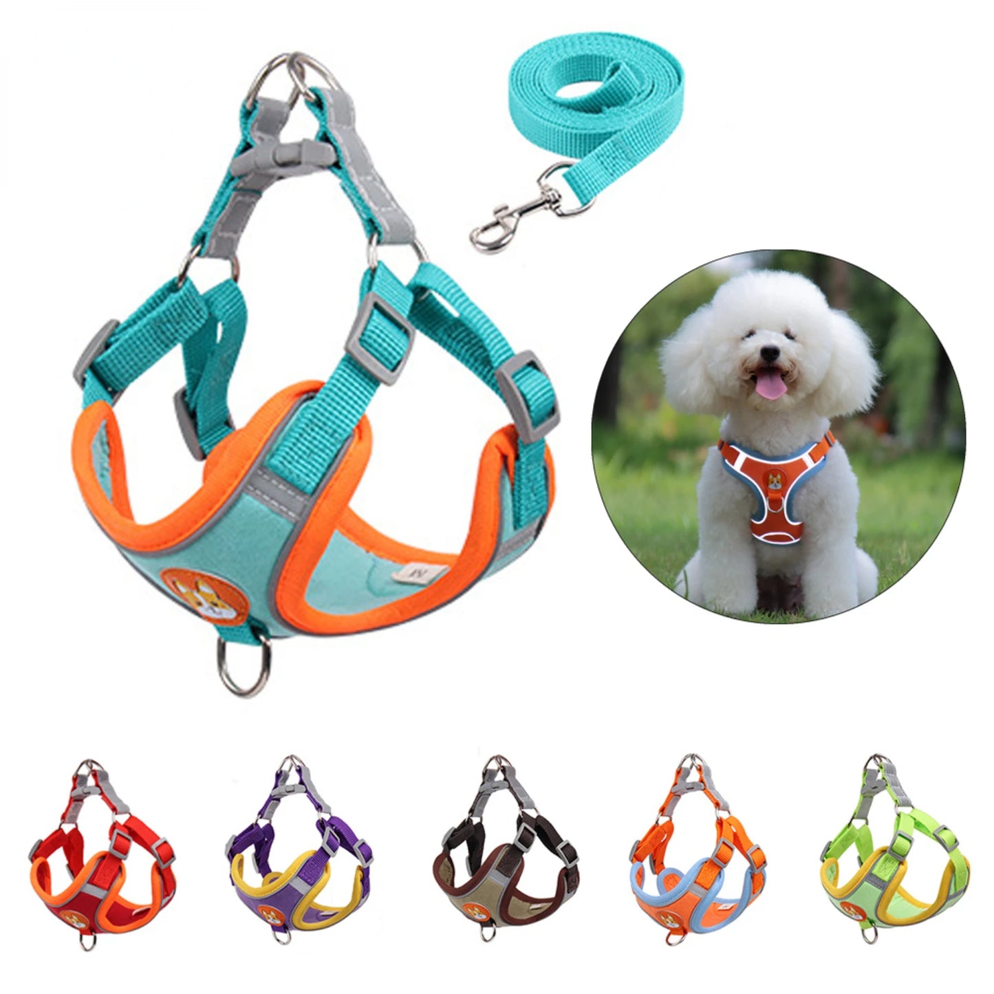 Dog Harness with 1.5m Traction Leash Set  Pull Dog Vest Strap Adjustable Reflective Breathable Harness